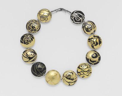 Suzan Rezac. Jewelry. Inlay. "A Dozen Roses" (front). Reversible necklace. Brass, shakudo, 18K gold, shibuichi, silver. 